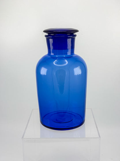 Vintage Cobalt Blue Glass Apothecary Jar with Ground Glass Stopper, Wide Mouth Pharmacy Bottle