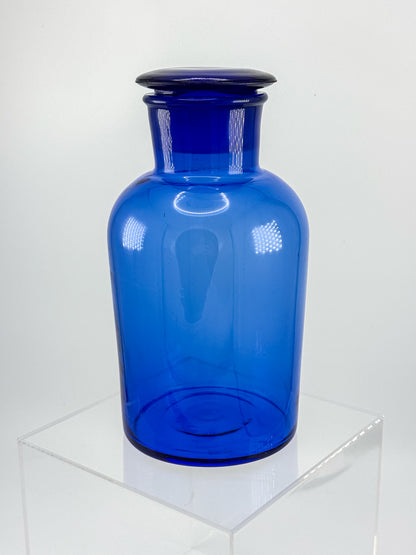 Vintage Cobalt Blue Glass Apothecary Jar with Ground Glass Stopper, Wide Mouth Pharmacy Bottle