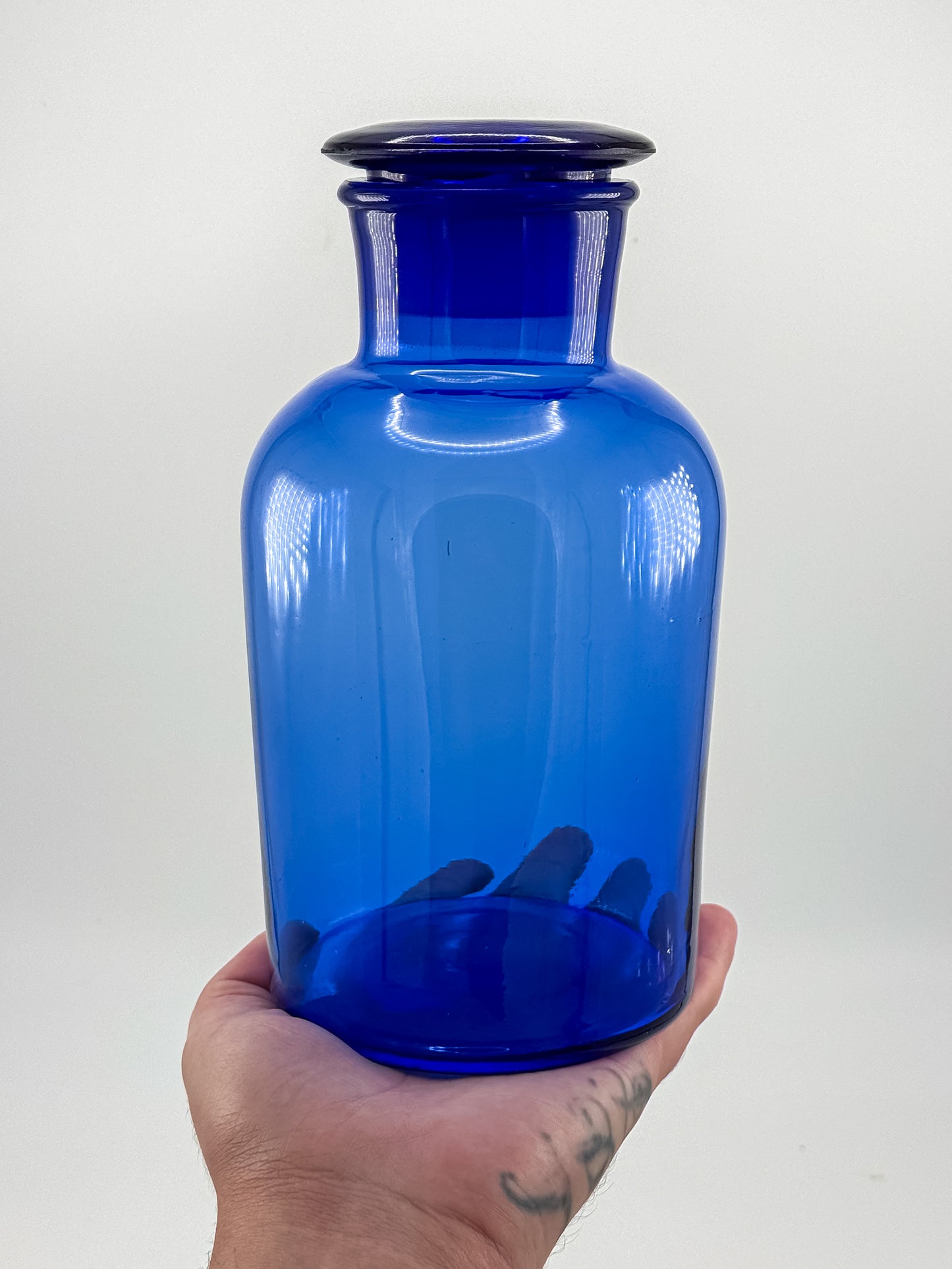 Vintage Cobalt Blue Glass Apothecary Jar with Ground Glass Stopper, Wide Mouth Pharmacy Bottle