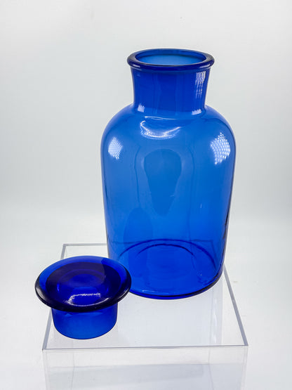 Vintage Cobalt Blue Glass Apothecary Jar with Ground Glass Stopper, Wide Mouth Pharmacy Bottle