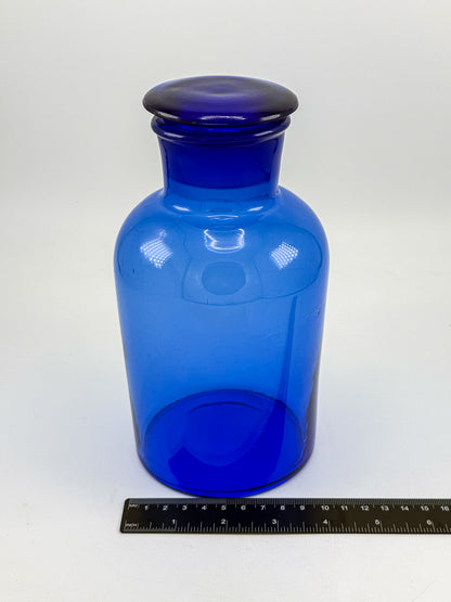 Vintage Cobalt Blue Glass Apothecary Jar with Ground Glass Stopper, Wide Mouth Pharmacy Bottle