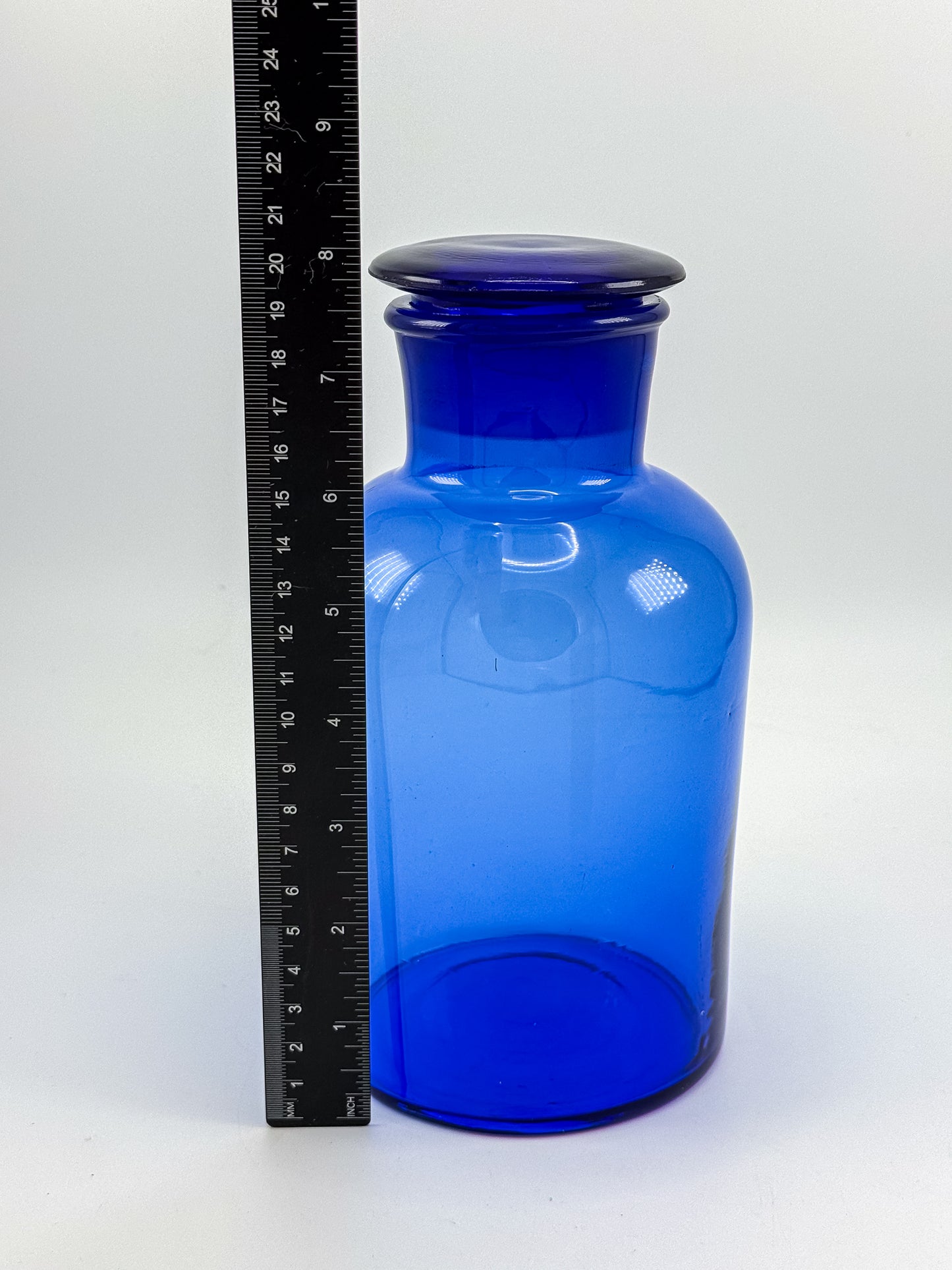 Vintage Cobalt Blue Glass Apothecary Jar with Ground Glass Stopper, Wide Mouth Pharmacy Bottle