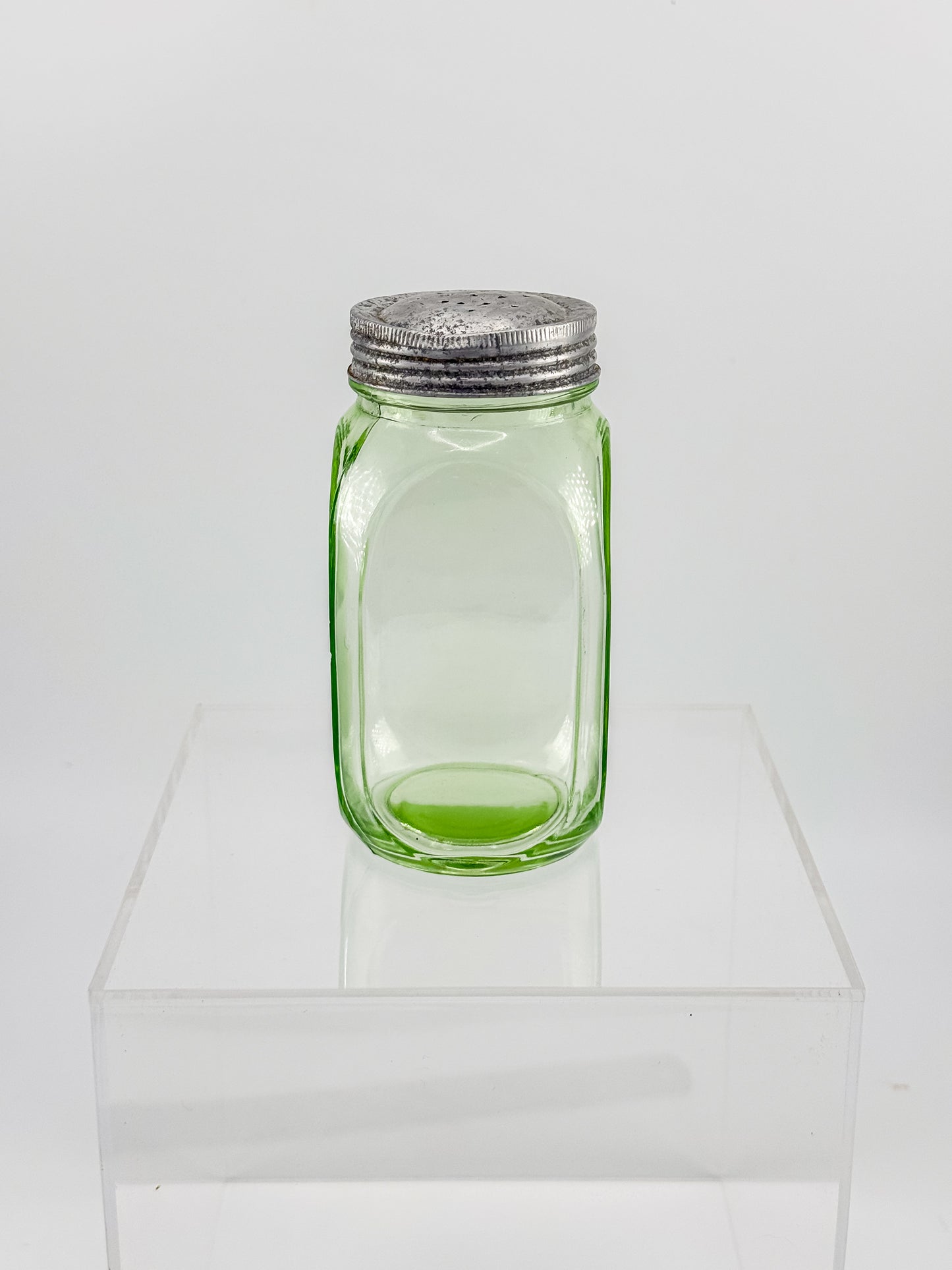 Vintage Uranium Glass Sugar Shaker with Original Perforated Metal Lid