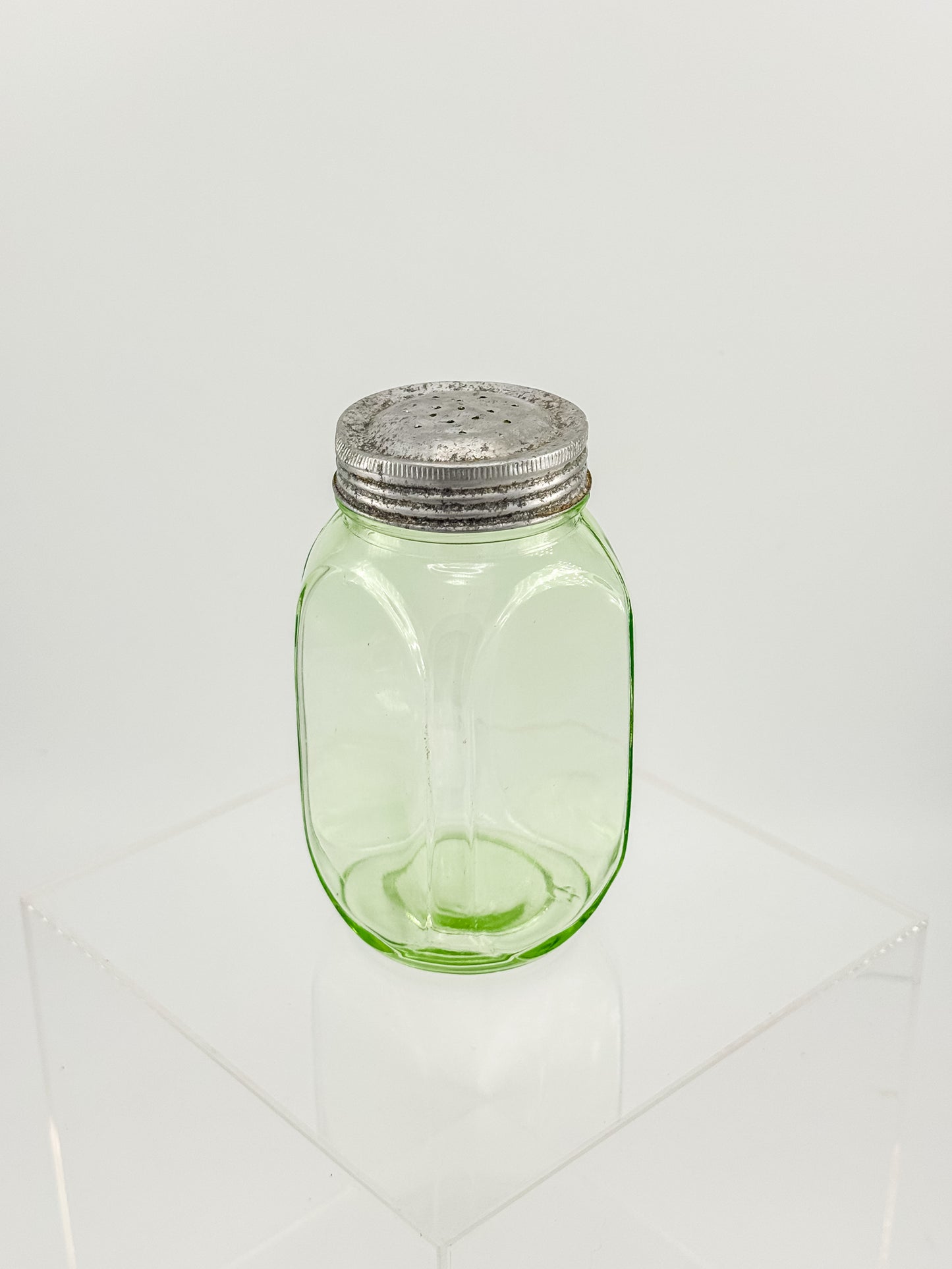 Vintage Uranium Glass Sugar Shaker with Original Perforated Metal Lid