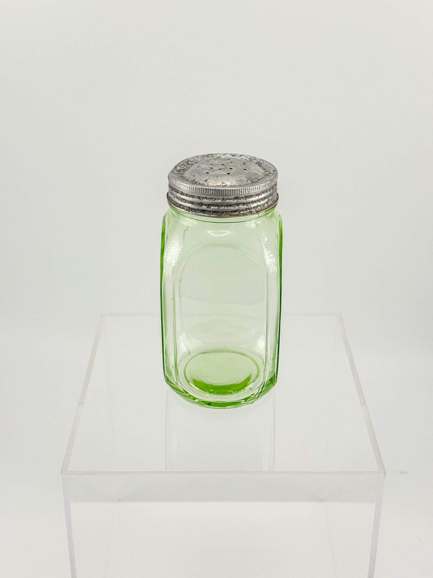 Vintage Uranium Glass Sugar Shaker with Original Perforated Metal Lid