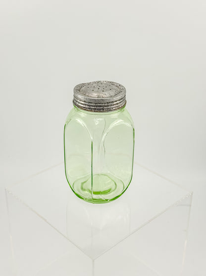 Vintage Uranium Glass Sugar Shaker with Original Perforated Metal Lid