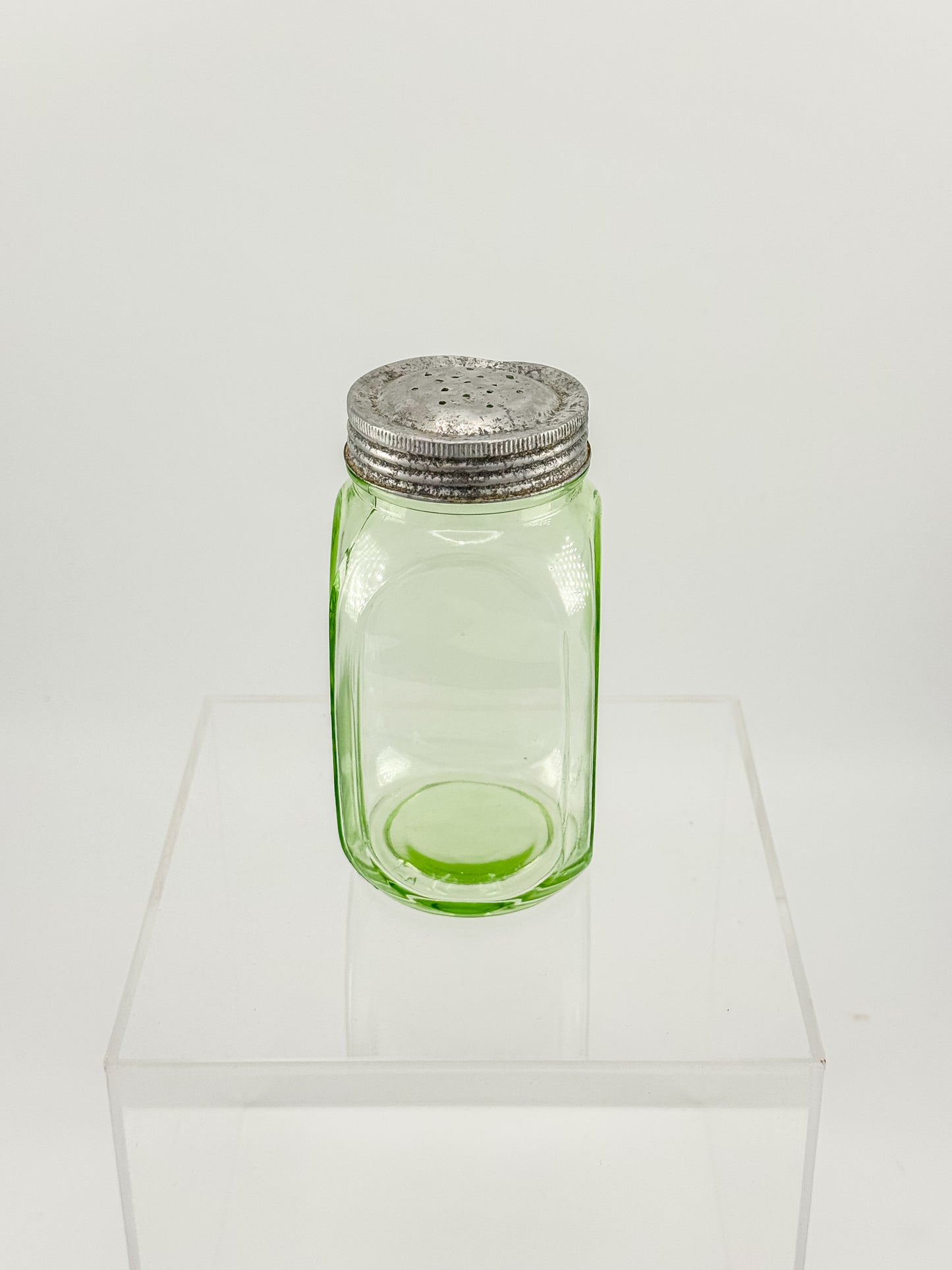 Vintage Uranium Glass Sugar Shaker with Original Perforated Metal Lid