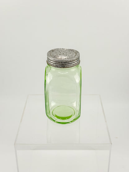 Vintage Uranium Glass Sugar Shaker with Original Perforated Metal Lid