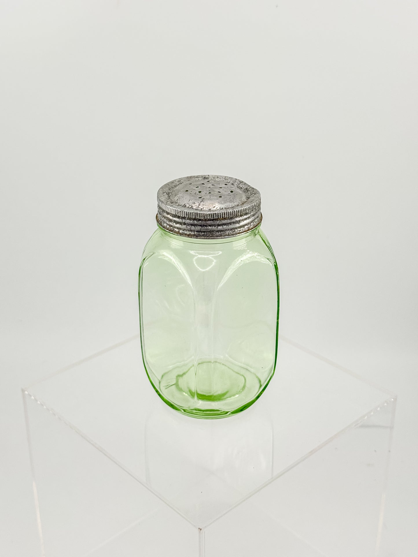 Vintage Uranium Glass Sugar Shaker with Original Perforated Metal Lid