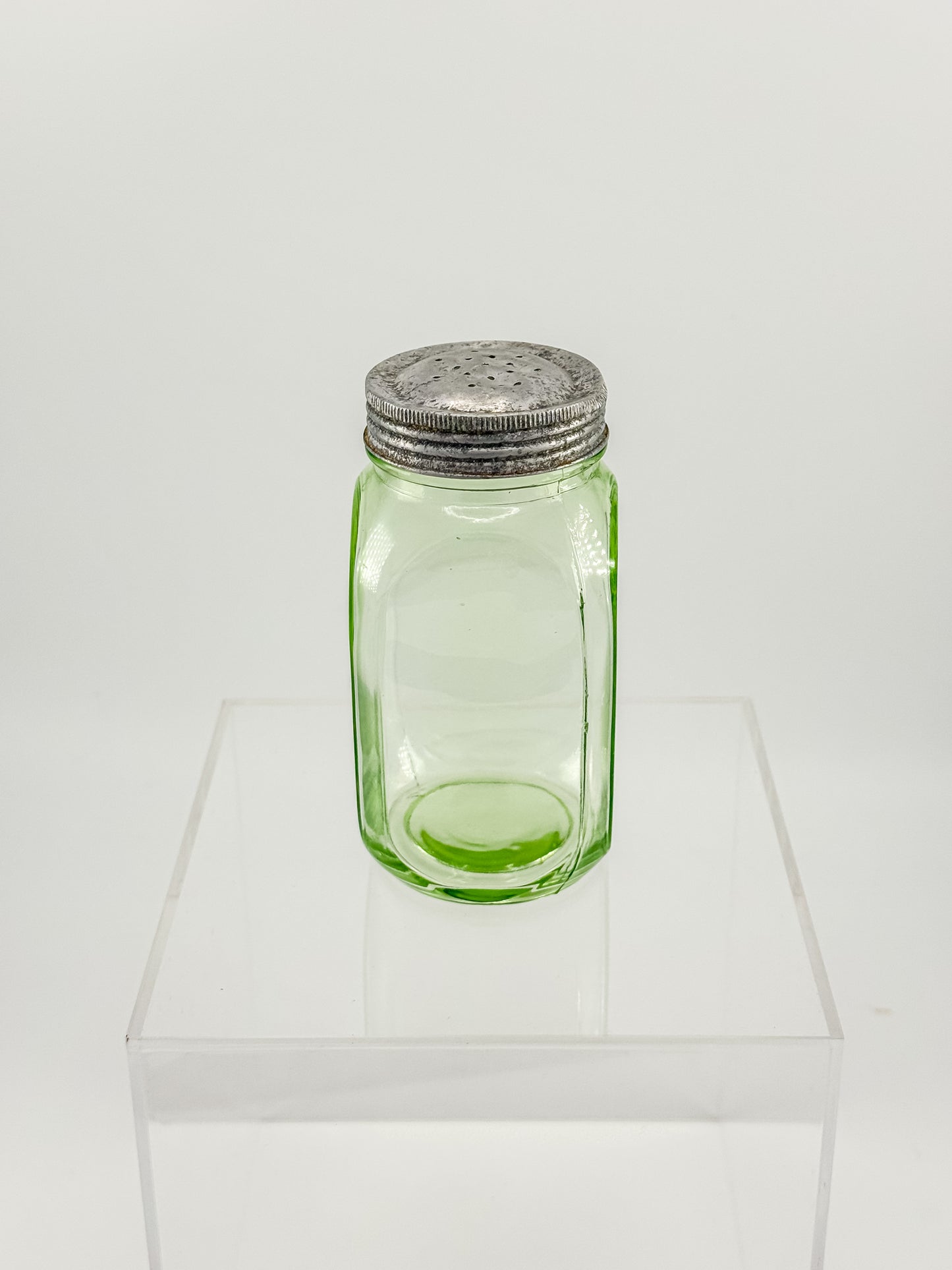 Vintage Uranium Glass Sugar Shaker with Original Perforated Metal Lid