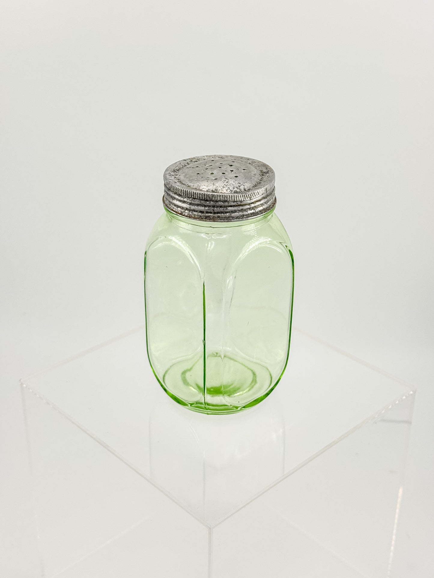 Vintage Uranium Glass Sugar Shaker with Original Perforated Metal Lid