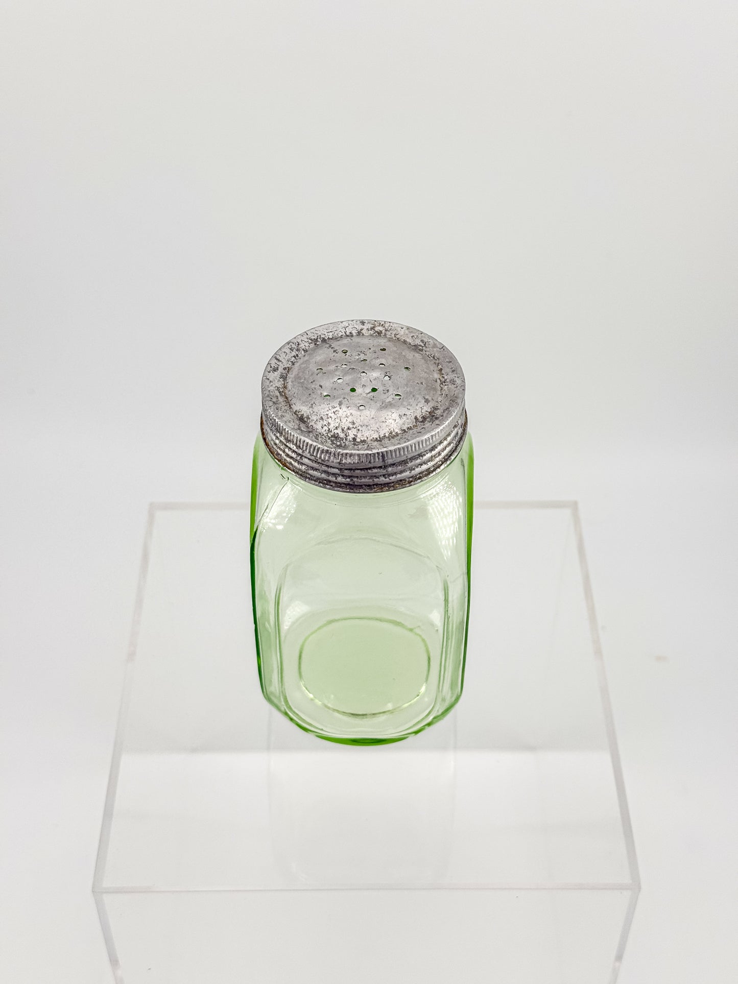 Vintage Uranium Glass Sugar Shaker with Original Perforated Metal Lid