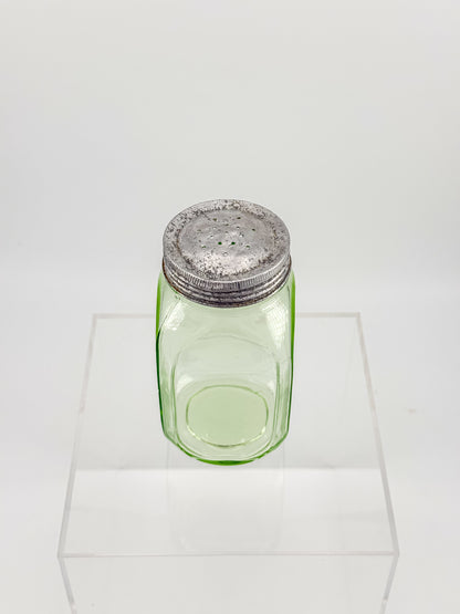 Vintage Uranium Glass Sugar Shaker with Original Perforated Metal Lid