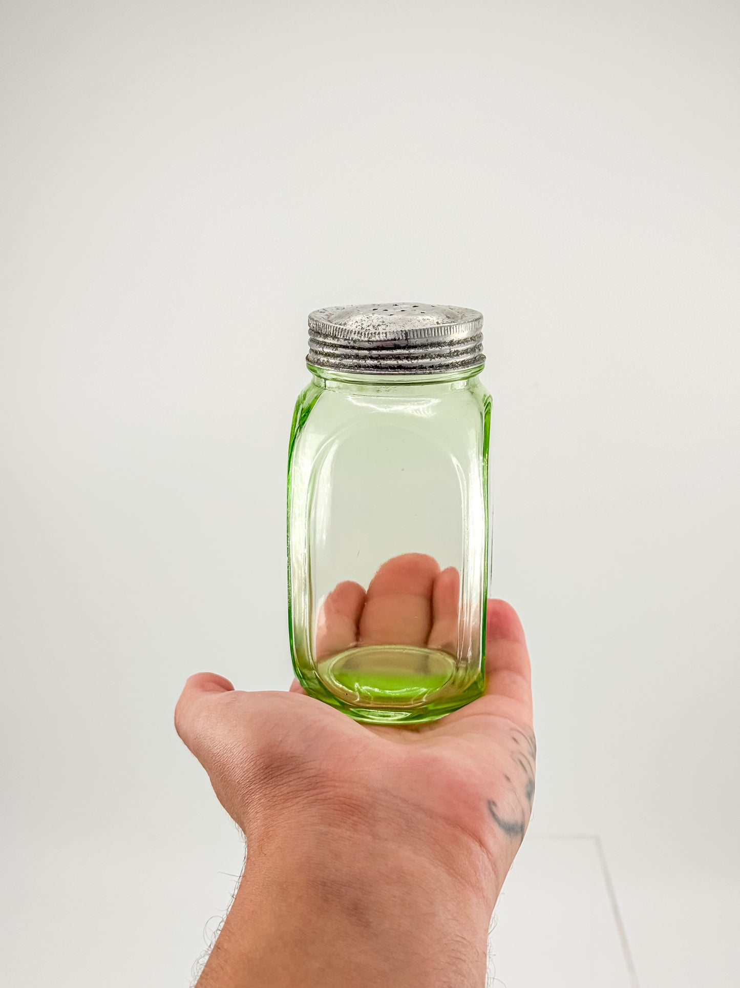 Vintage Uranium Glass Sugar Shaker with Original Perforated Metal Lid