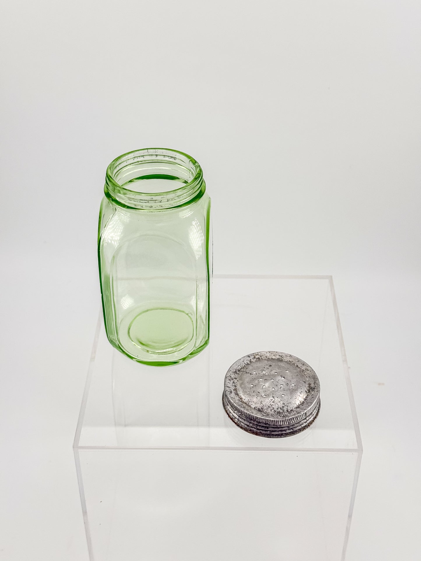 Vintage Uranium Glass Sugar Shaker with Original Perforated Metal Lid