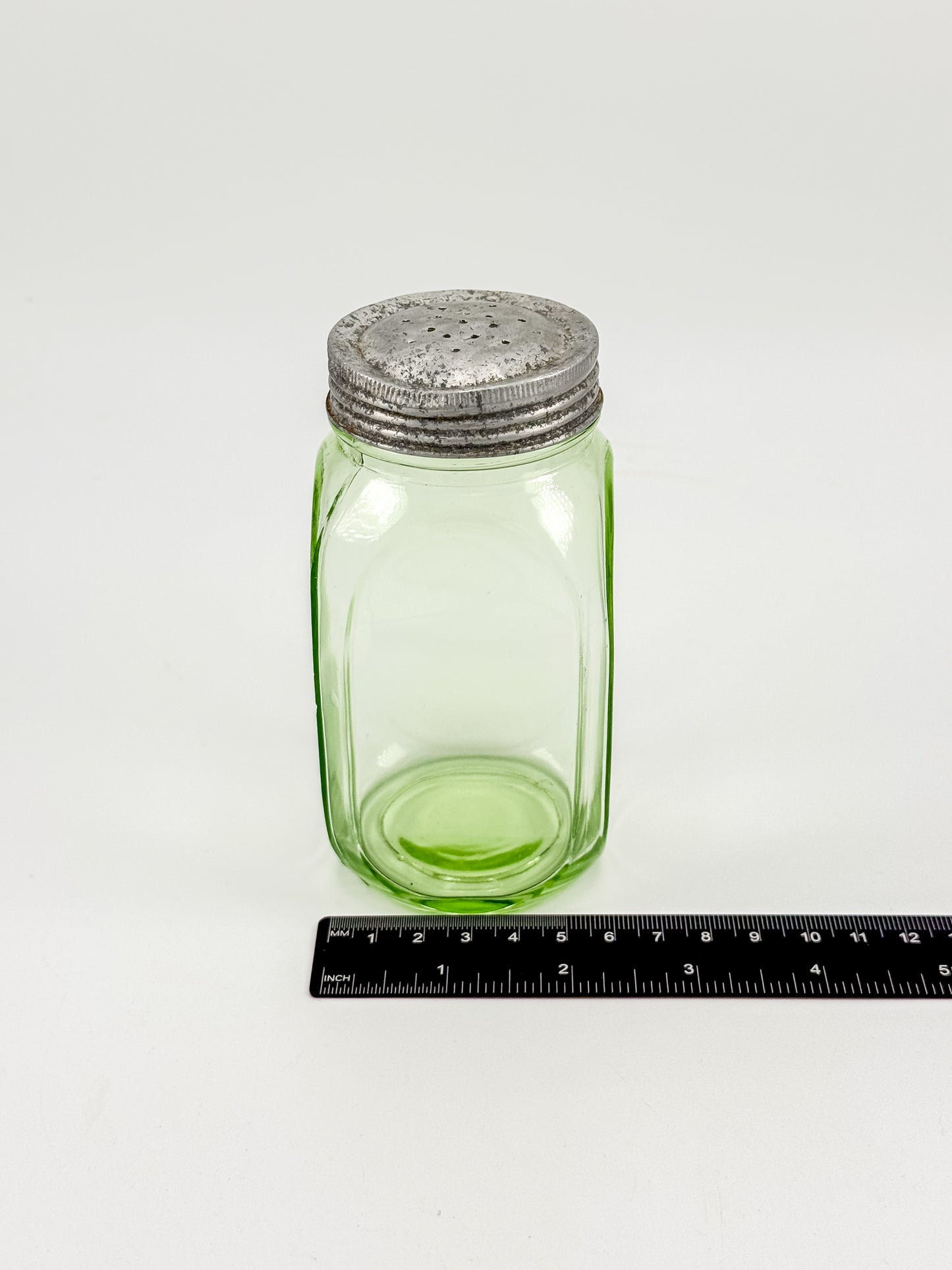 Vintage Uranium Glass Sugar Shaker with Original Perforated Metal Lid
