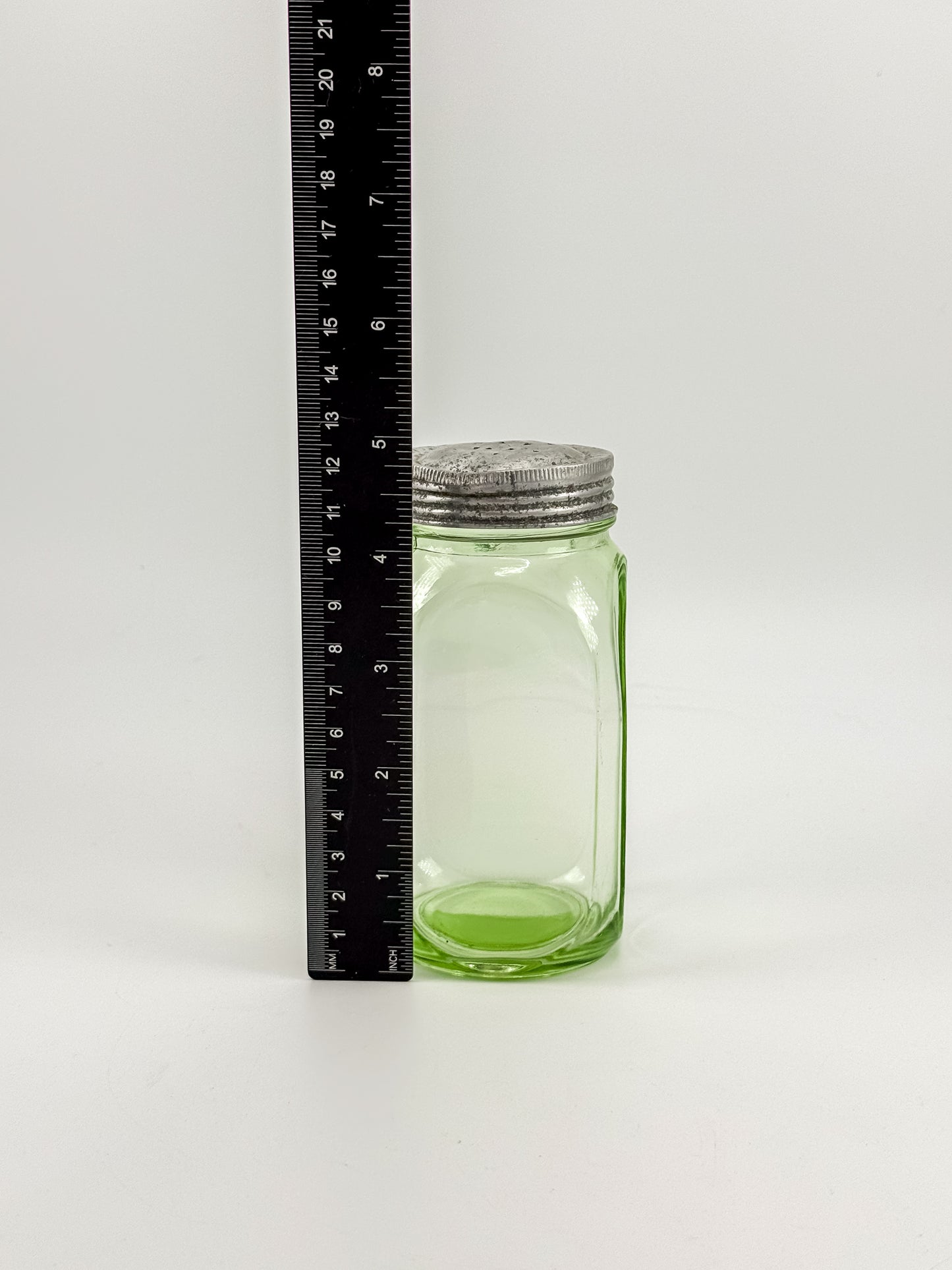 Vintage Uranium Glass Sugar Shaker with Original Perforated Metal Lid