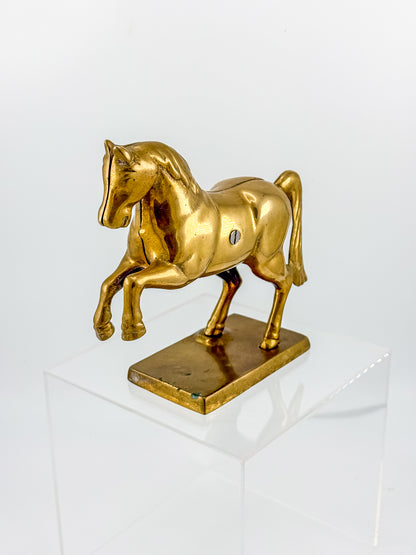 Vintage Brass Horse Still Bank with Coin Slot, Prancing Stallion Figurine on Integral Base