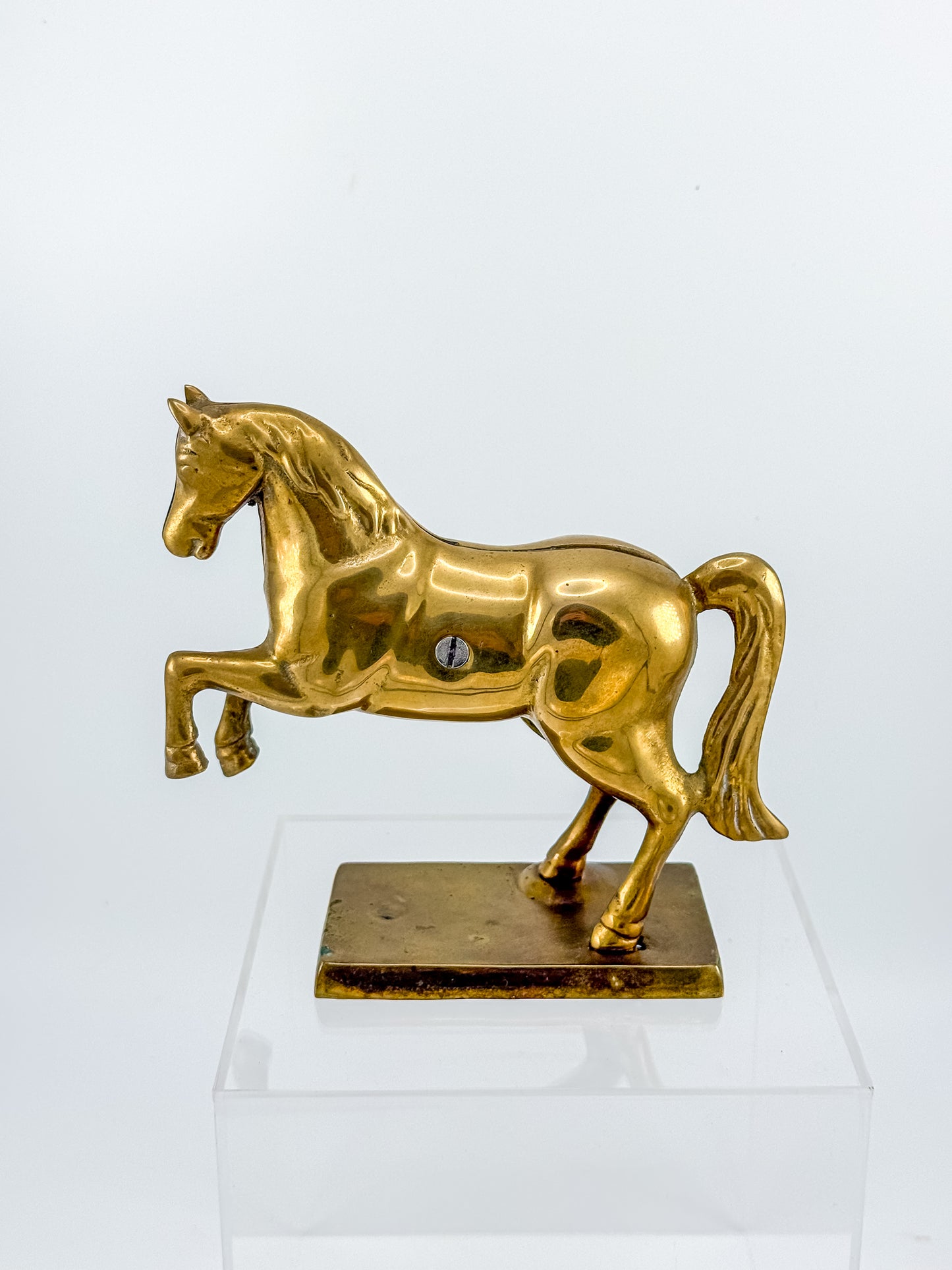 Vintage Brass Horse Still Bank with Coin Slot, Prancing Stallion Figurine on Integral Base