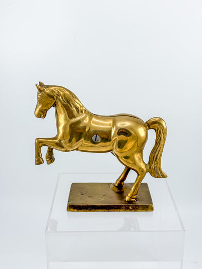 Vintage Brass Horse Still Bank with Coin Slot, Prancing Stallion Figurine on Integral Base
