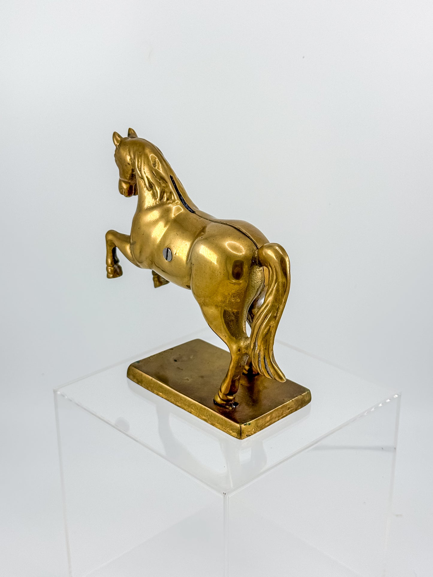 Vintage Brass Horse Still Bank with Coin Slot, Prancing Stallion Figurine on Integral Base
