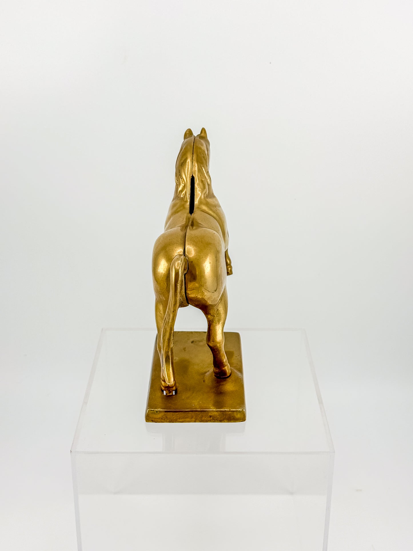 Vintage Brass Horse Still Bank with Coin Slot, Prancing Stallion Figurine on Integral Base