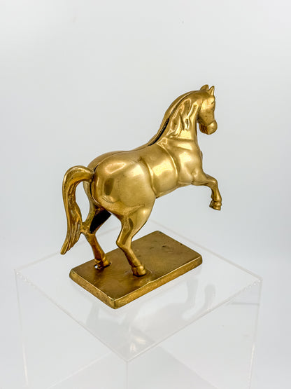 Vintage Brass Horse Still Bank with Coin Slot, Prancing Stallion Figurine on Integral Base
