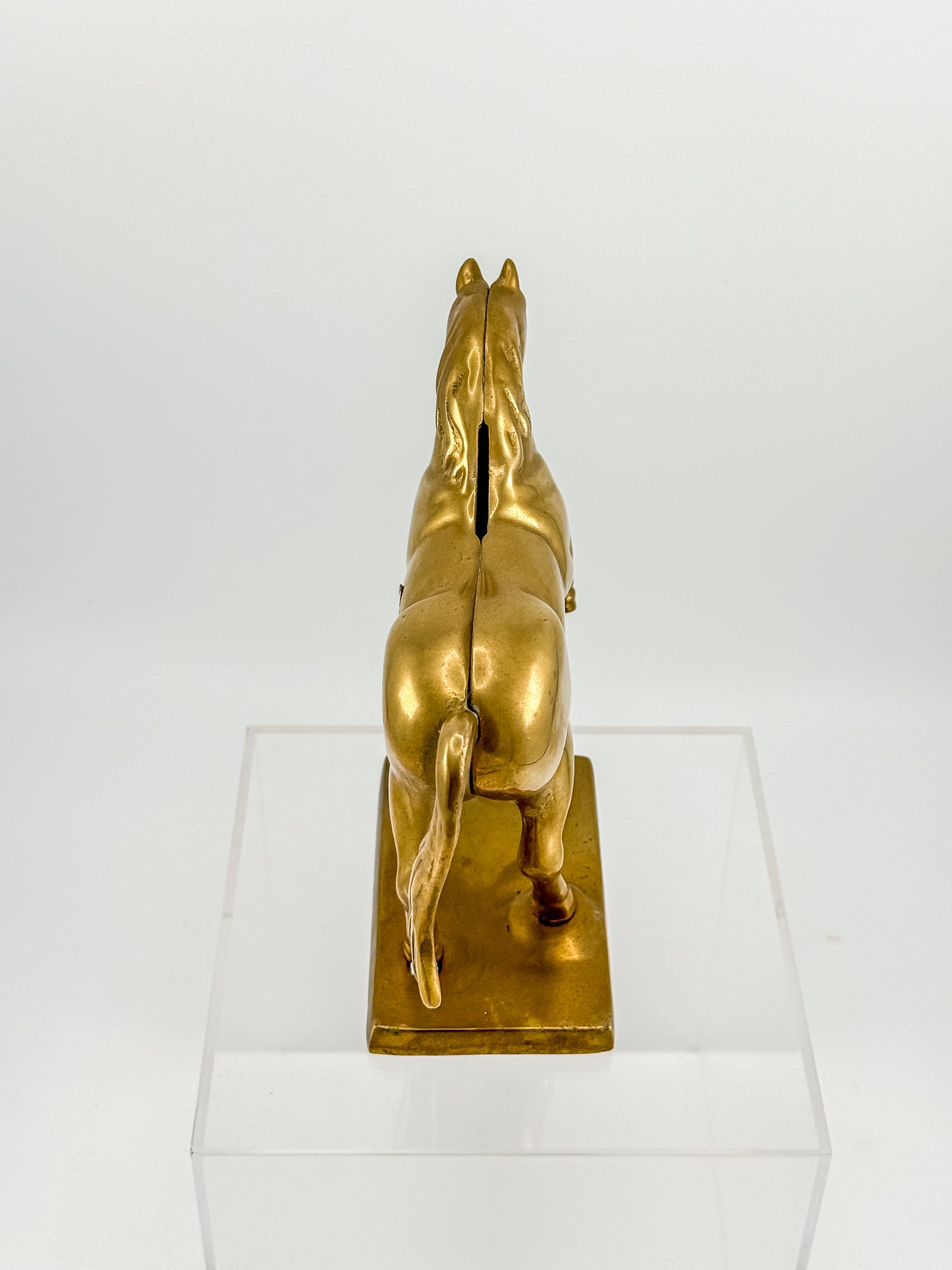 Vintage Brass Horse Still Bank with Coin Slot, Prancing Stallion Figurine on Integral Base