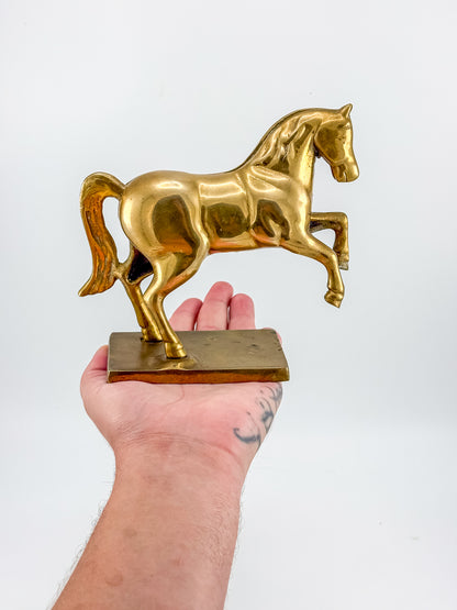 Vintage Brass Horse Still Bank with Coin Slot, Prancing Stallion Figurine on Integral Base