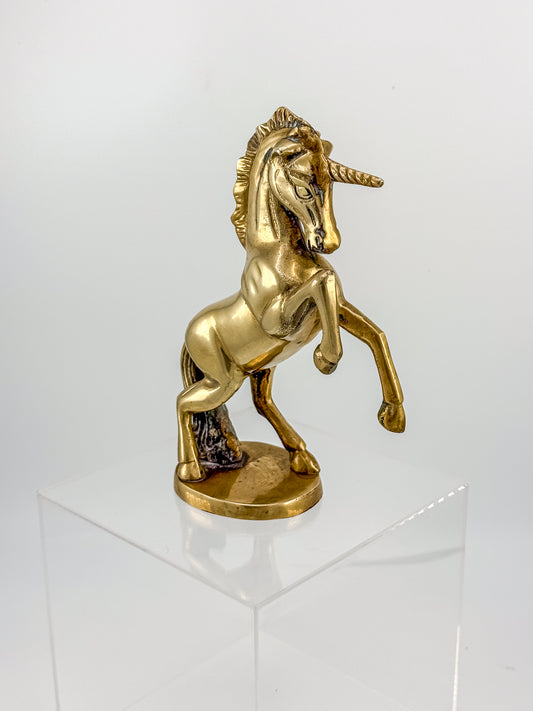 Vintage Brass Rearing Unicorn Figurine on Oval Base, Mythical Horse Sculpture for Shelf Decor
