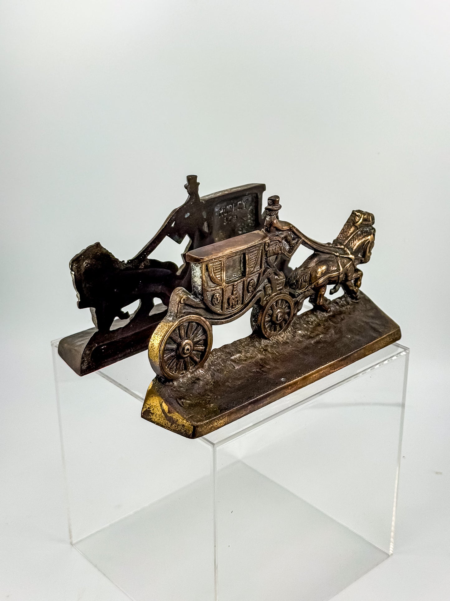 Vintage Hubley Cast Iron Horse-Drawn Stagecoach Bookends, Matched Pair Doorstops No. 379