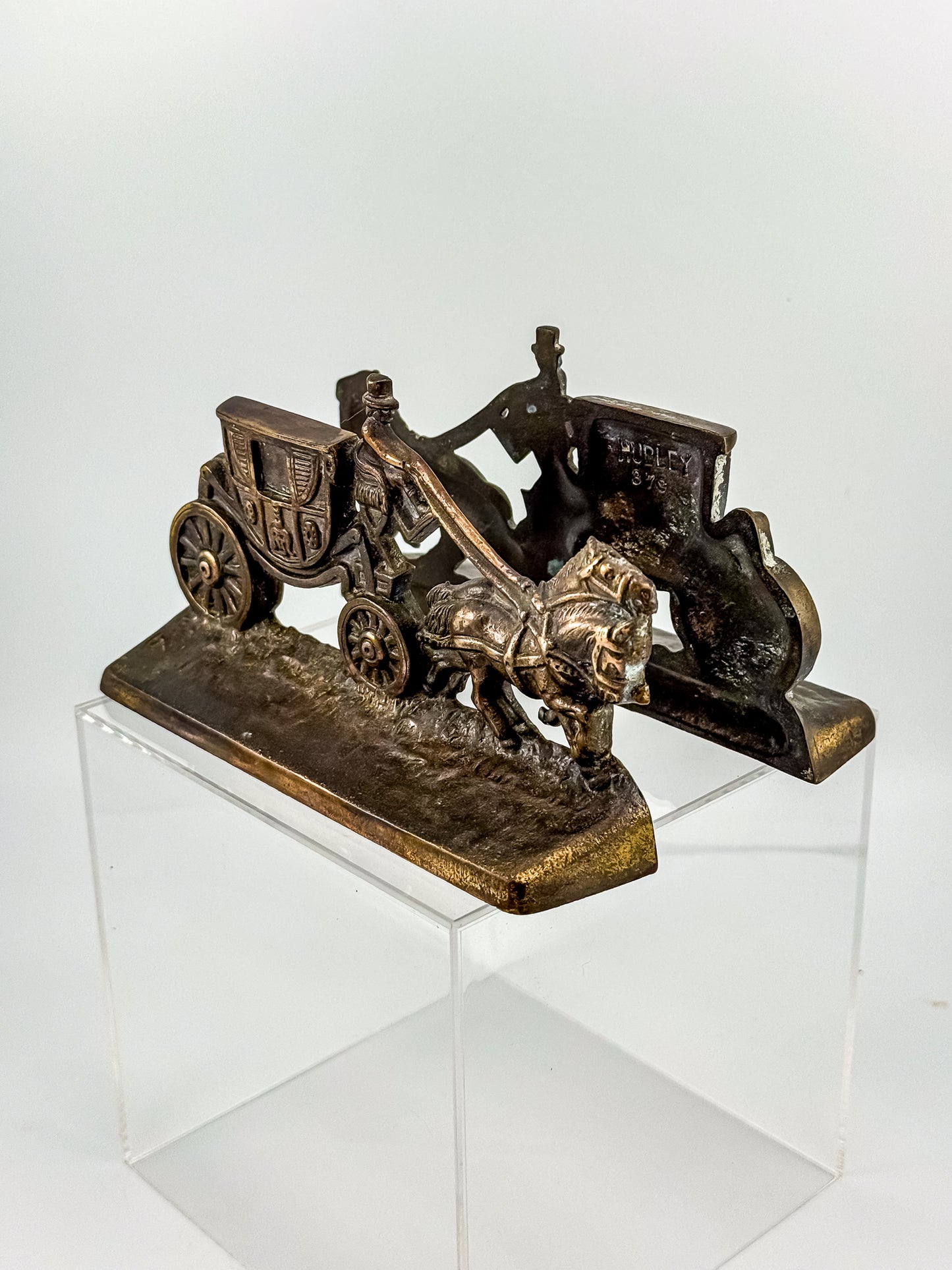 Vintage Hubley Cast Iron Horse-Drawn Stagecoach Bookends, Matched Pair Doorstops No. 379