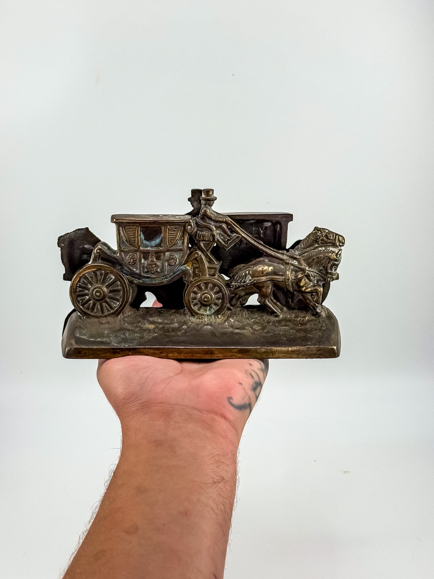Vintage Hubley Cast Iron Horse-Drawn Stagecoach Bookends, Matched Pair Doorstops No. 379