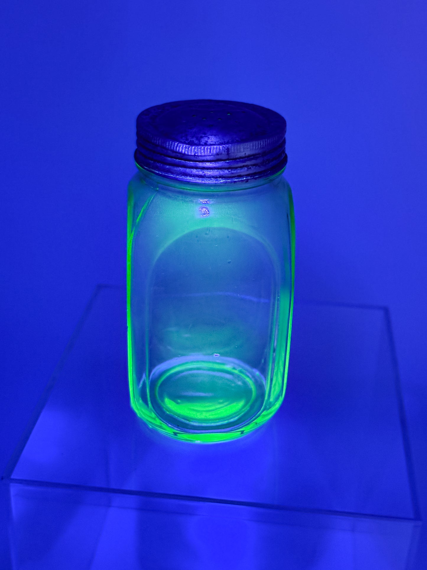 Vintage Uranium Glass Sugar Shaker with Original Perforated Metal Lid
