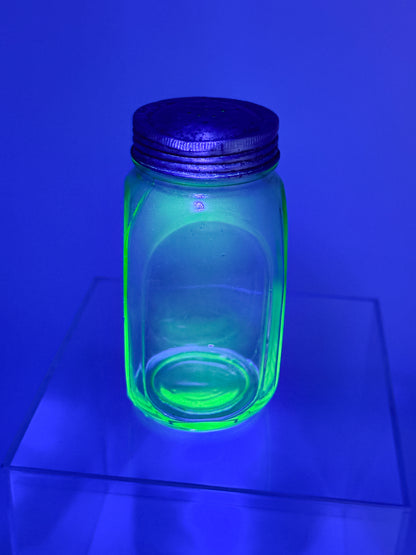 Vintage Uranium Glass Sugar Shaker with Original Perforated Metal Lid