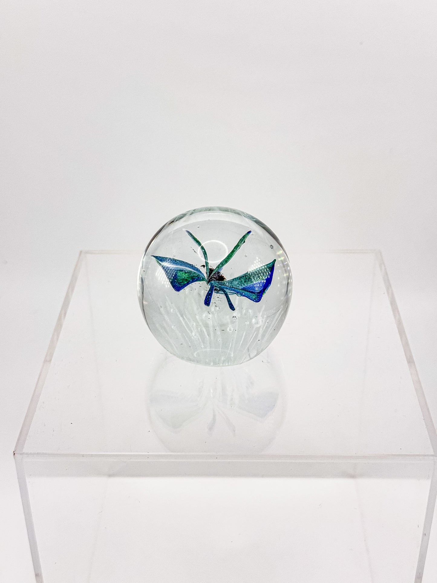 Art Glass Butterfly Paperweight, Cobalt Blue and Teal Lampwork Globe with Controlled Bubbles