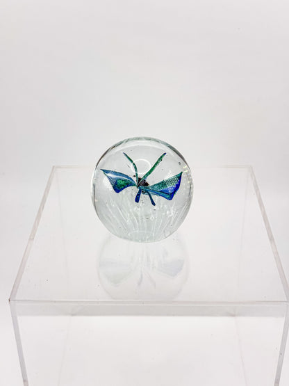 Art Glass Butterfly Paperweight, Cobalt Blue and Teal Lampwork Globe with Controlled Bubbles