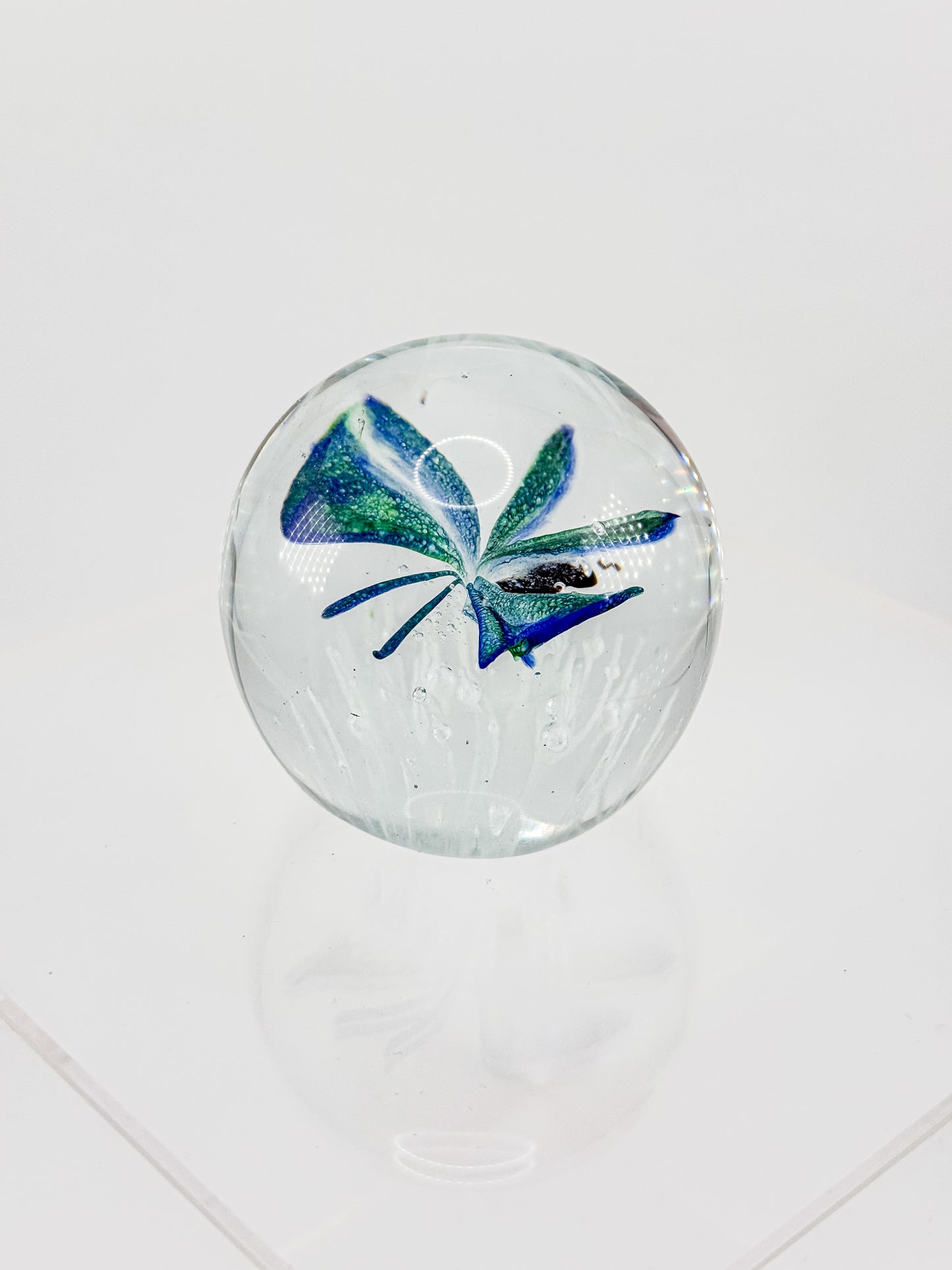 Art Glass Butterfly Paperweight, Cobalt Blue and Teal Lampwork Globe with Controlled Bubbles