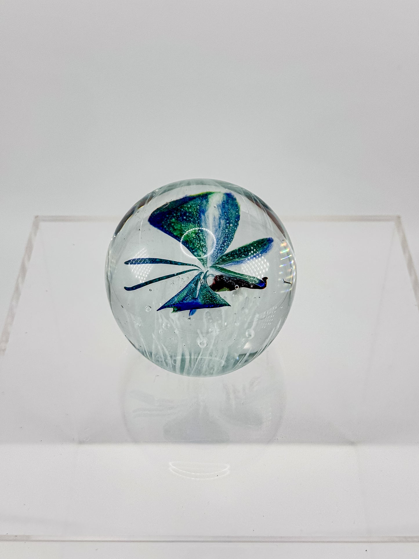 Art Glass Butterfly Paperweight, Cobalt Blue and Teal Lampwork Globe with Controlled Bubbles