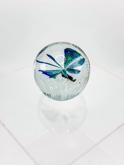 Art Glass Butterfly Paperweight, Cobalt Blue and Teal Lampwork Globe with Controlled Bubbles