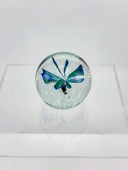 Art Glass Butterfly Paperweight, Cobalt Blue and Teal Lampwork Globe with Controlled Bubbles