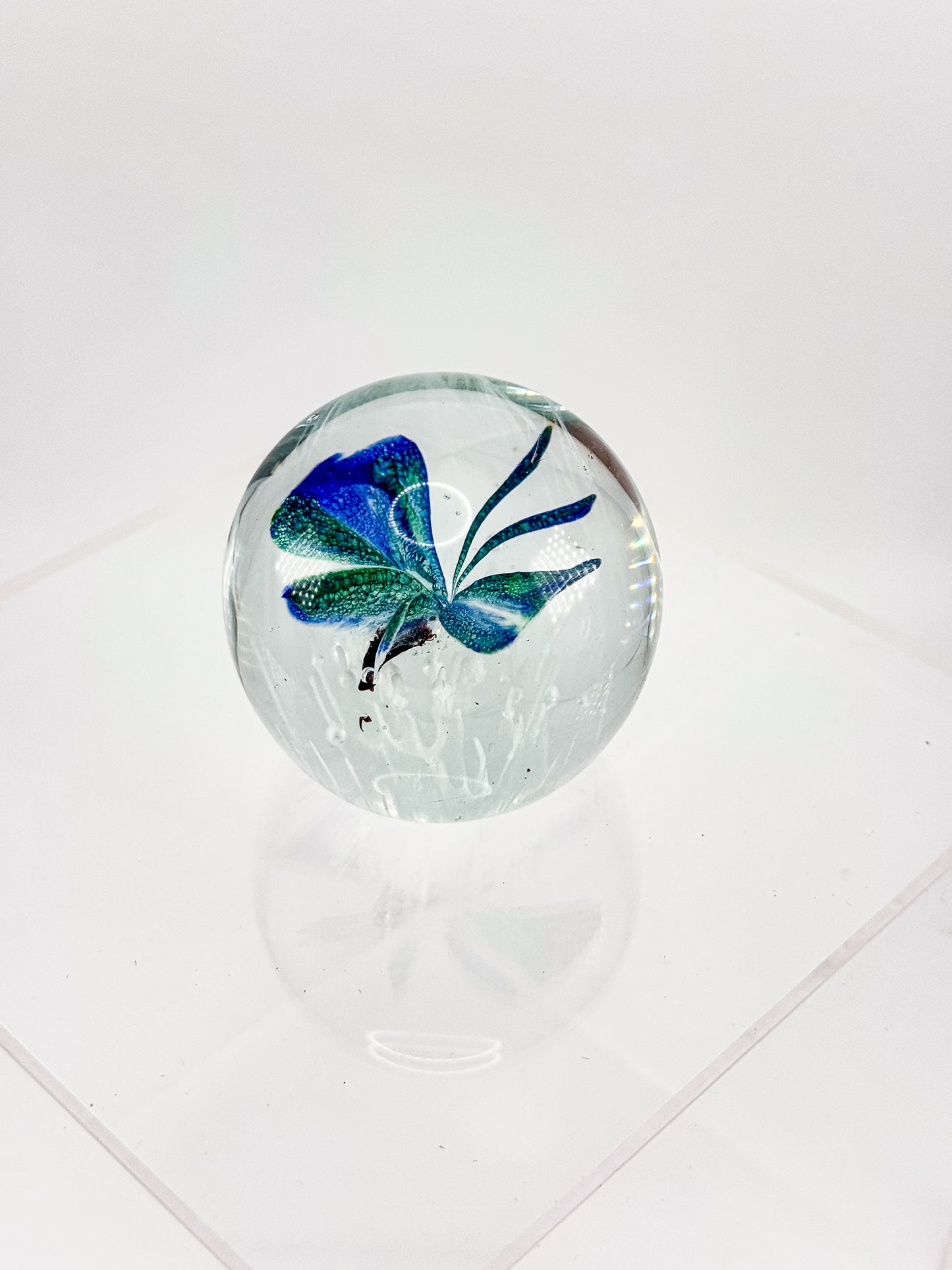 Art Glass Butterfly Paperweight, Cobalt Blue and Teal Lampwork Globe with Controlled Bubbles