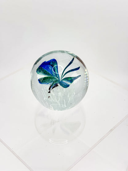 Art Glass Butterfly Paperweight, Cobalt Blue and Teal Lampwork Globe with Controlled Bubbles