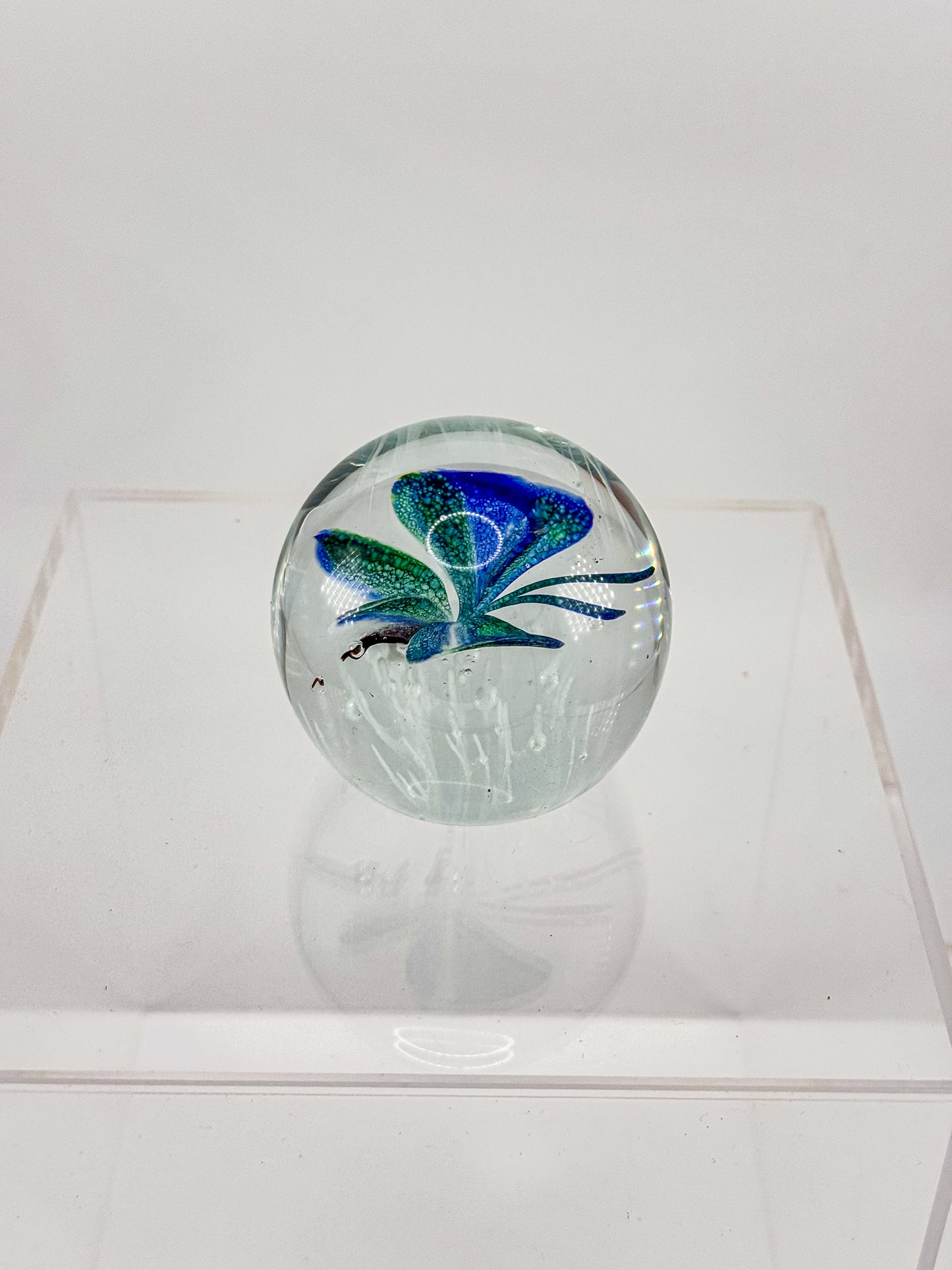 Art Glass Butterfly Paperweight, Cobalt Blue and Teal Lampwork Globe with Controlled Bubbles