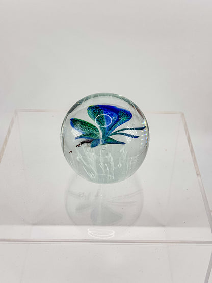 Art Glass Butterfly Paperweight, Cobalt Blue and Teal Lampwork Globe with Controlled Bubbles