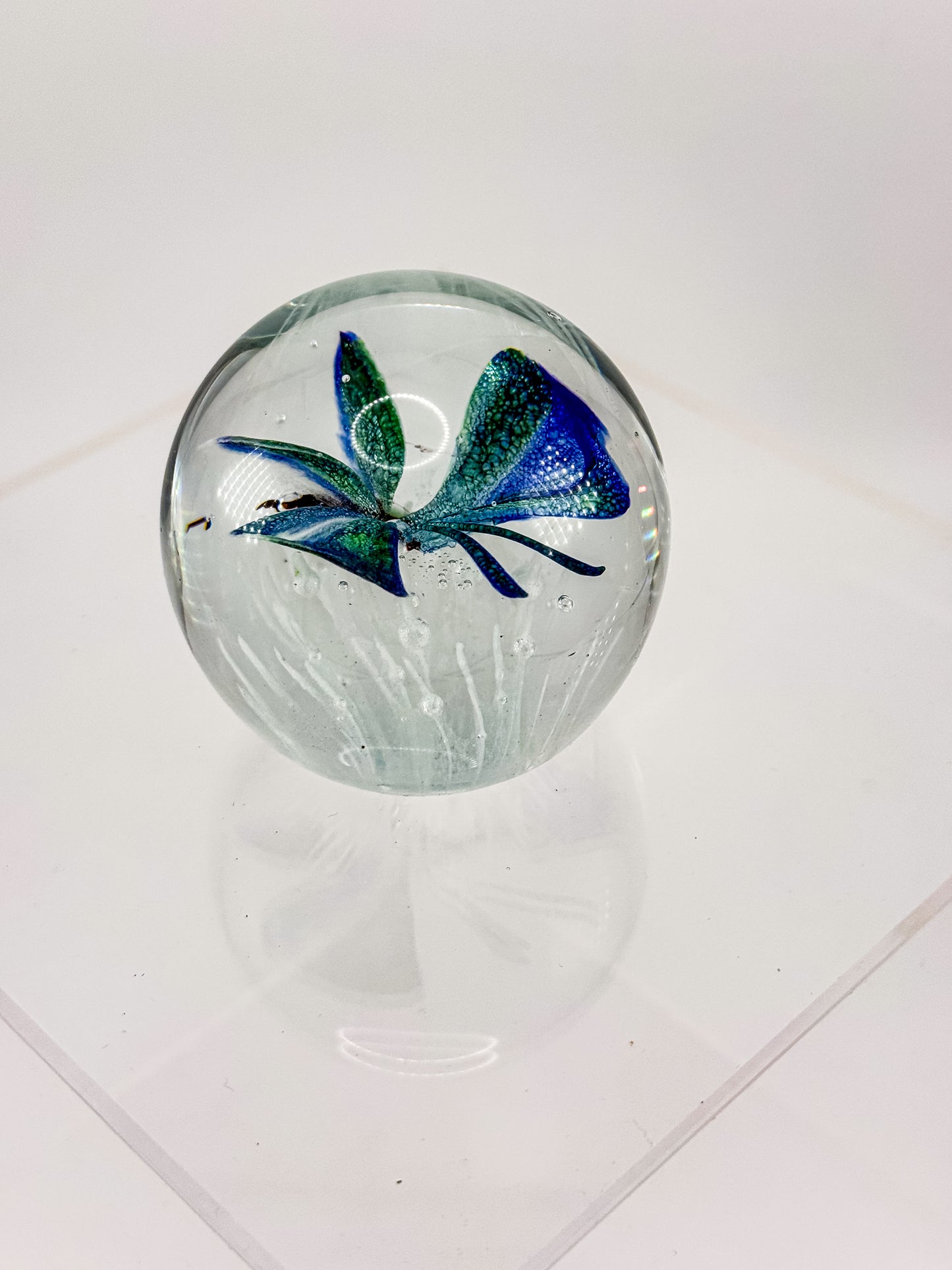 Art Glass Butterfly Paperweight, Cobalt Blue and Teal Lampwork Globe with Controlled Bubbles