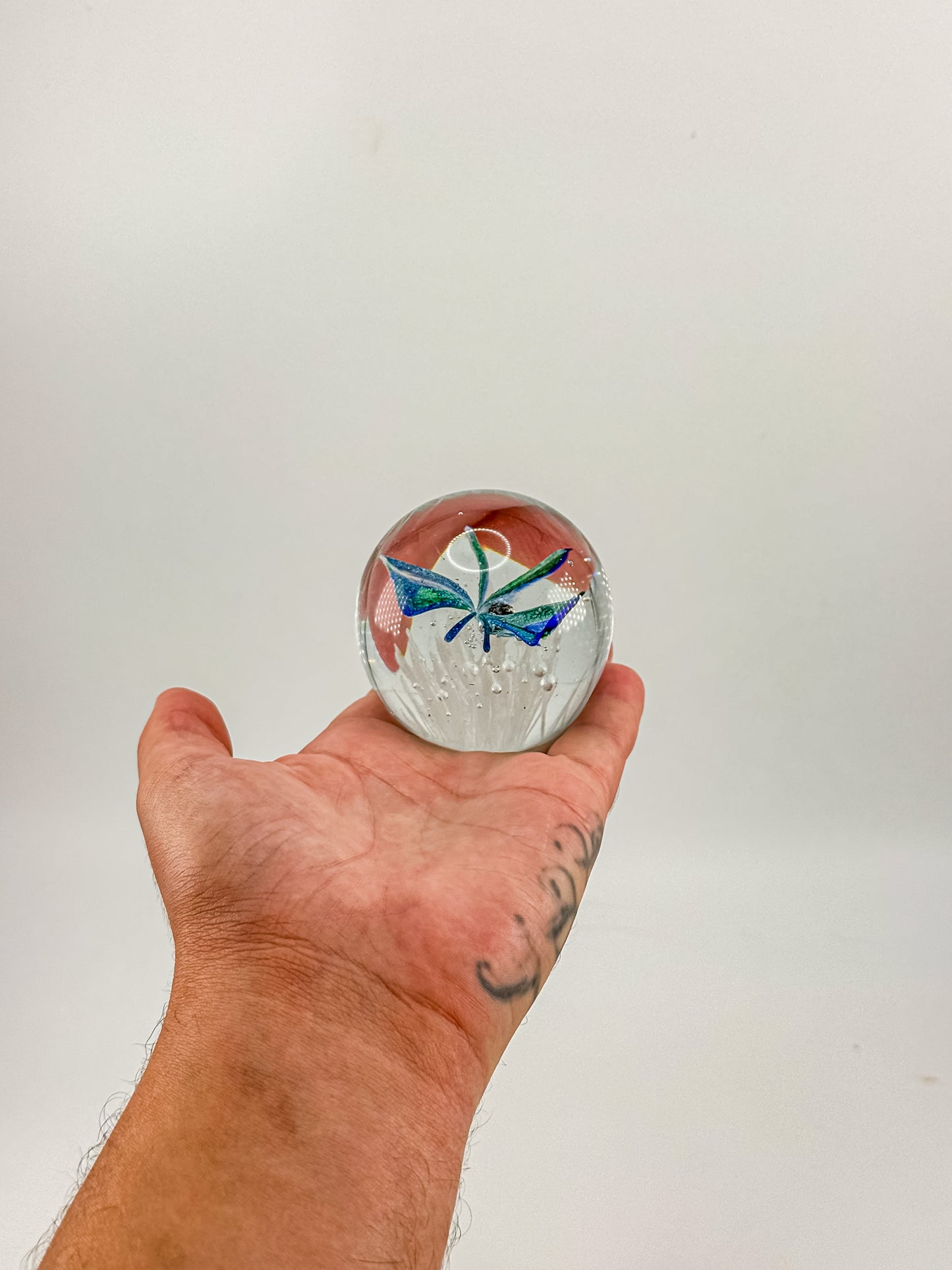Art Glass Butterfly Paperweight, Cobalt Blue and Teal Lampwork Globe with Controlled Bubbles