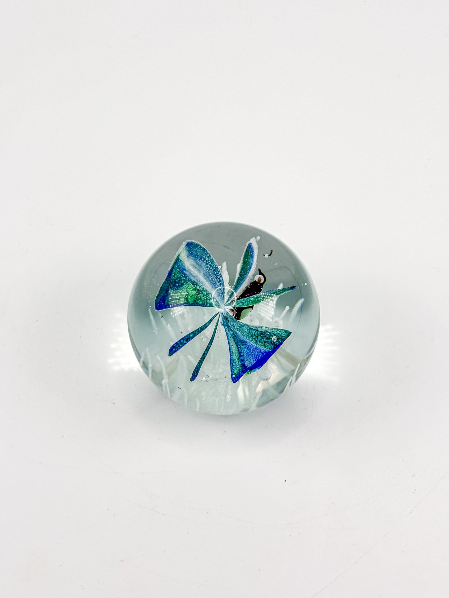 Art Glass Butterfly Paperweight, Cobalt Blue and Teal Lampwork Globe with Controlled Bubbles