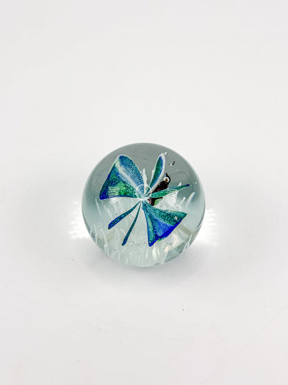 Art Glass Butterfly Paperweight, Cobalt Blue and Teal Lampwork Globe with Controlled Bubbles