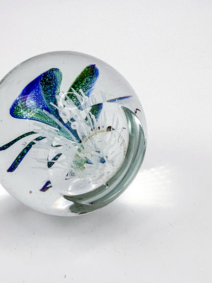 Art Glass Butterfly Paperweight, Cobalt Blue and Teal Lampwork Globe with Controlled Bubbles